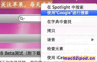 苹果Safari浏览器里，选中文字，右击后有Google搜索选项