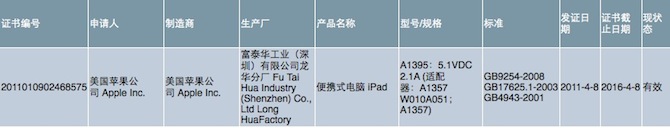 苹果 iPad 2 平板电脑已经通过 3C 认证