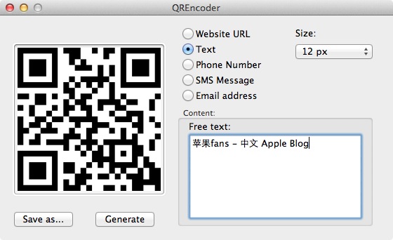 苹果电脑 Mac OS X 系统下生成二维码的免费软件：QREncoder