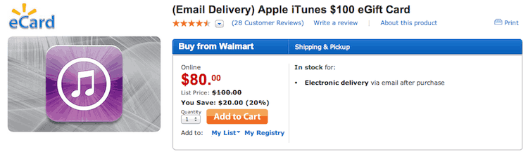 沃尔玛官网 100 美元苹果 iTunes Gift Card 正 8 折优惠