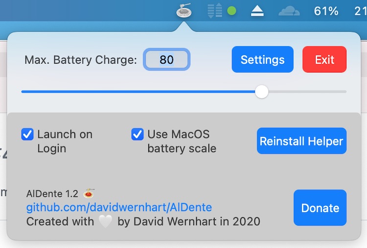 修改苹果笔记本的电池最高充电量，延长电池寿命：AlDente