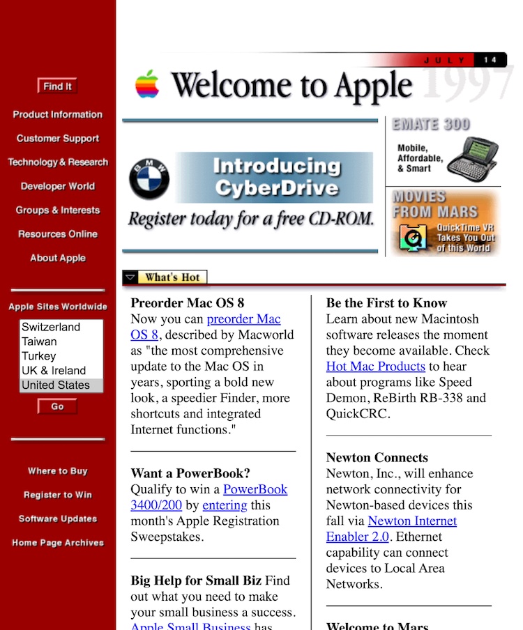 90 年代中期乔布斯归来之前的苹果官网截屏
