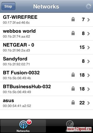 苹果iPhone和iPod Touch的Wifi信号扫描软件WiFiFoFum界面截图