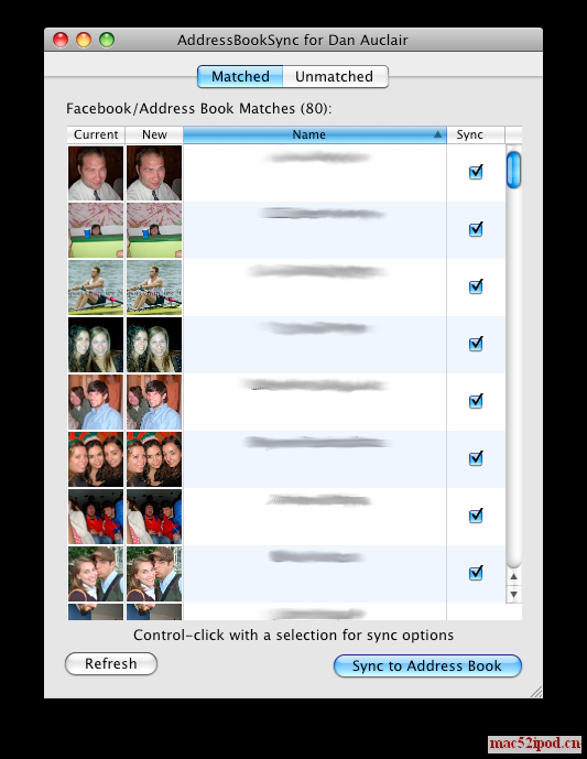 AddressBookSync同步Facebook好友信息到苹果电脑的界面截图