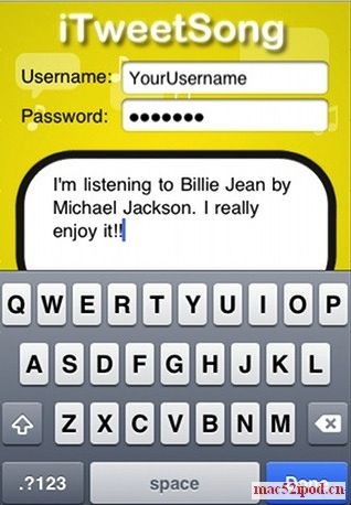在Twitter上显示iPhone手机或iPod touch所播放音乐的免费软件：iTweetSong截图