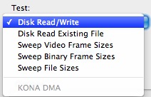 Mac OS X平台上的苹果电脑硬盘性能读写速度测试软件：AJA KONA System Test界面截图