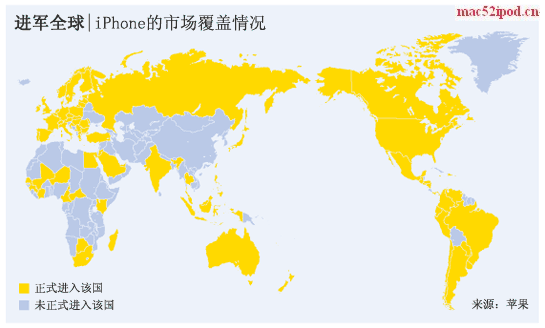 苹果iPhone手机在全球各个国家市场覆盖情况图