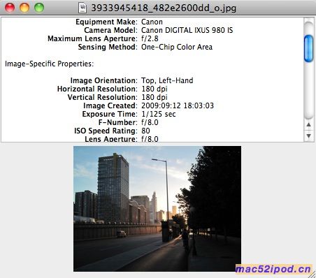 苹果电脑Mac OS X系统下，查看数码照片EXIF信息的免费软件“EXIF Viewer”
