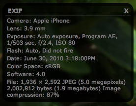 安装扩展后，在苹果 Safari 5 浏览器里查看照片 EXIF 详细信息