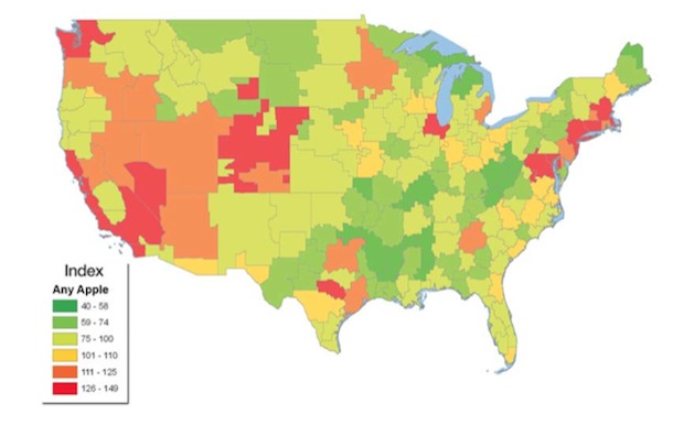 苹果产品在美国各地的占有率分布统计图