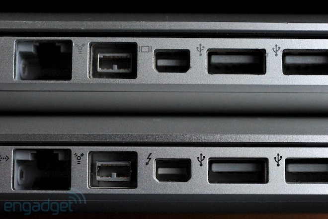 新旧两台 Macbook Pro 笔记本侧面接口对比照片