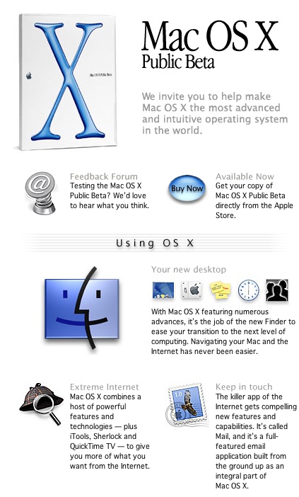 苹果官网的 Mac OS X Public Beta 系统介绍页面截图