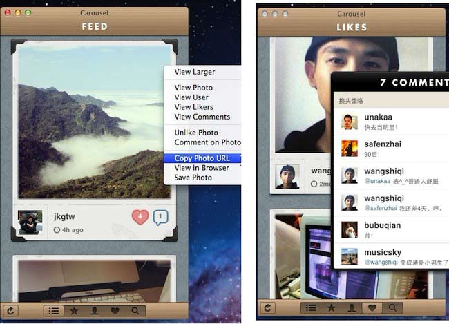 苹果电脑 Mac OS X 系统上的 Instagram 客户端：Carousel