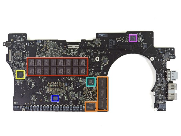 2012 款 Retina 屏苹果 MacBook Pro 笔记本的电脑主板背面照片