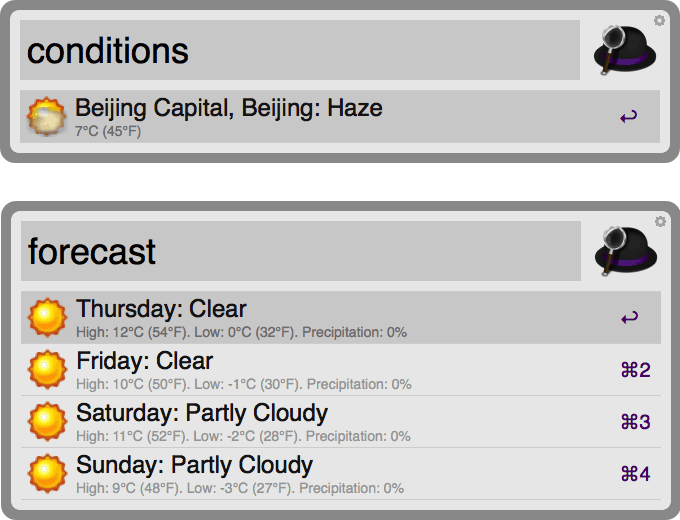 一键查询天气预报的 Alfred Workflow：Weather