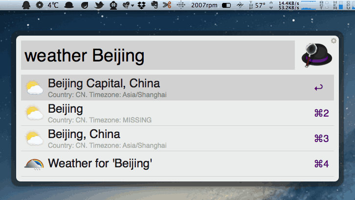 一键查询天气预报的 Alfred Workflow：Weather
