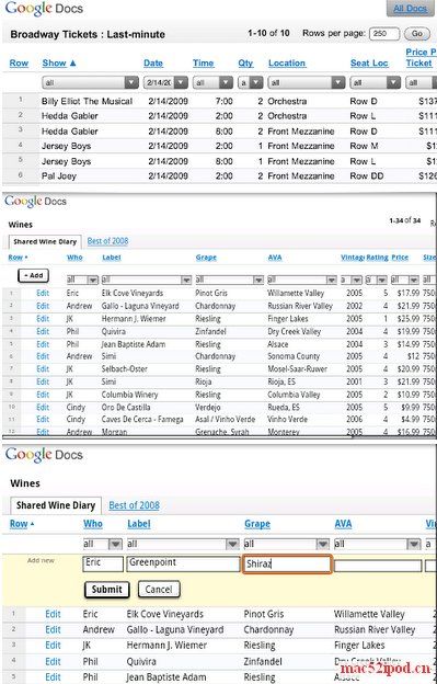 苹果iPhone通过Google Spreadsheets查看、修改Excel的界面