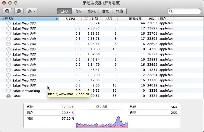 Mac技巧之在苹果电脑活动监视器里查看 Safari 浏览器打开的每个网页分别占用了多少 CPU 资源