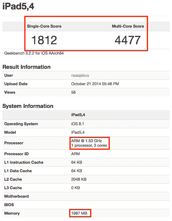 苹果 iPad Air 2 的 Benchmark 测试结果