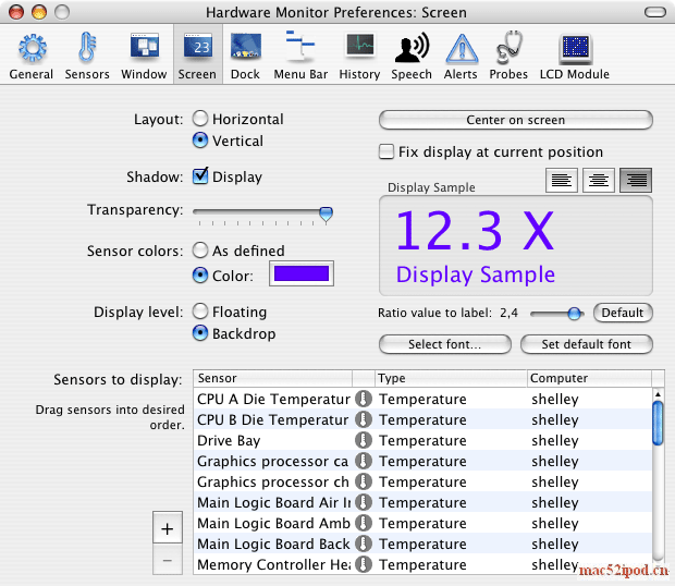 免费的苹果电脑Mac OS X系统下免费的硬件温度监控软件：Temperature Monitor界面截图