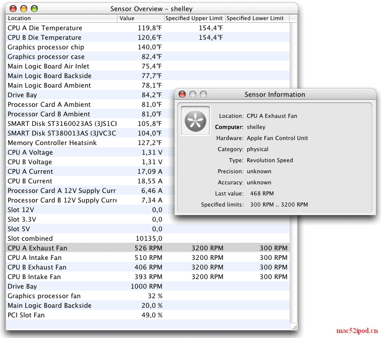 免费的苹果电脑Mac OS X系统下免费的硬件温度监控软件：Temperature Monitor界面截图