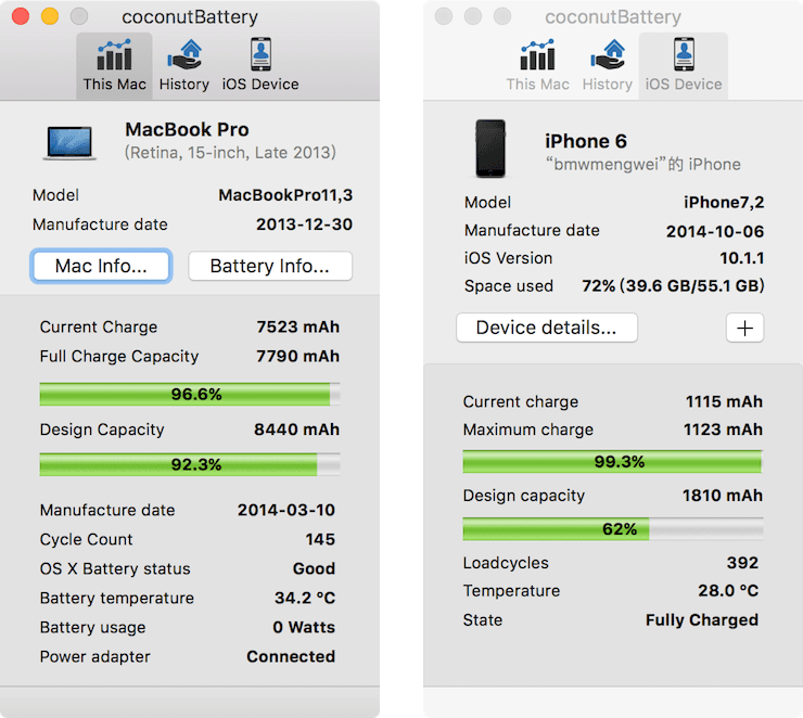 查看电池循环次数、剩余容量等信息的免费软件：coconutBattery