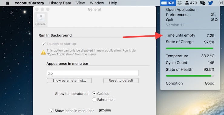 Mac技巧之在苹果电脑屏幕顶部菜单栏显示剩余电池续航时间的免费软件：CoconutBattery