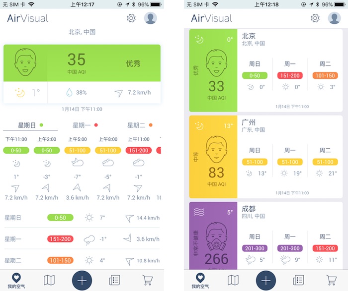 苹果 iPhone 上查看空气质量的应用：AirVisual