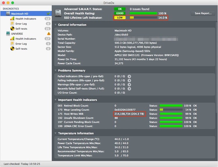 Mac技巧之查看苹果电脑硬盘健康度和剩余寿命的软件：DriveDx