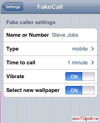 苹果iPhone虚拟手机来电的App/软件FakeCalls设置界面