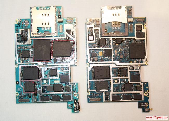 苹果iPhone 3GS（左）与iPhone 3G（右）手机主板对比